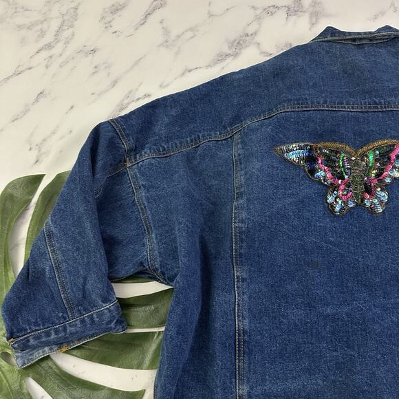 East West Womens Vintage 80s Denim Jean Jacket Plus Size 2x Butterfly Beaded - Picture 11 of 13